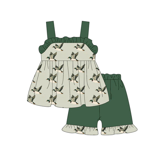 Preorder moq 5 Baby Girls Green Strap Ducks Tunic Ruffle Short Set 4.18