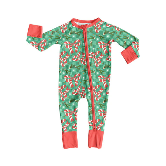 Preorder(moq 5)Baby Boys Holly Plaid Candy Cane Bows Christmas Zipper Footie Rompers 8.15