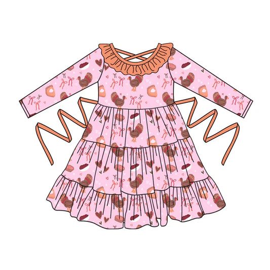 Preorder moq 5 Baby Girls Pink Long Sleeves Chicks Bows With Belt Ruffle Farm Knee Length Dresses 5.2