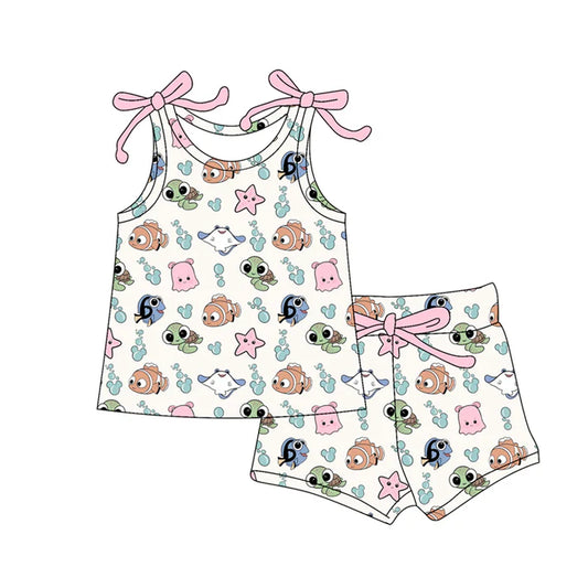 Preorder moq 5 Baby Girls Bows Sleeveless Cartoon Fishes Top Short Set 4.16