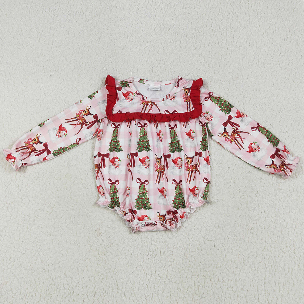 Baby Girls Rompers Christmas Pink Plaid Santa Trees Ruffle Rompers LR2274 6.24