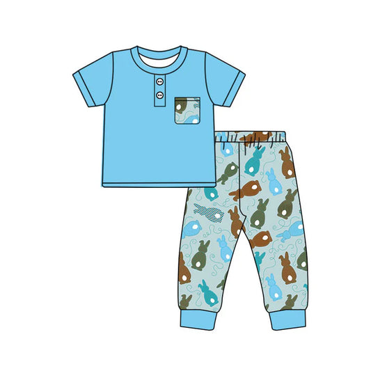Preorder(moq 8)Baby Boys Pocket Button Top Colorful Rabbits Pants Easter Clothes Sets 9.26