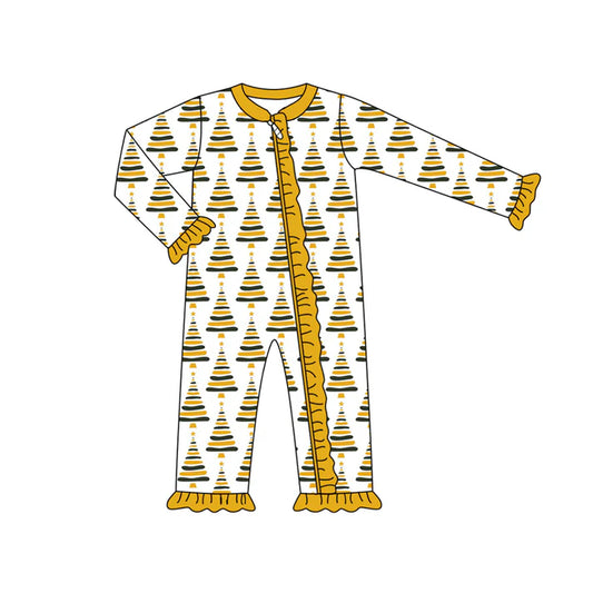 Preorder (moq 5)Baby Girls Long Sleeves Yellow Stripes Trees Plaid Ruffle Zipper Romper 7.3