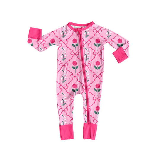 Preorder (moq 8)Baby Girls Pink Bows Flowers Checked Zipper Footie Rompers 9.6