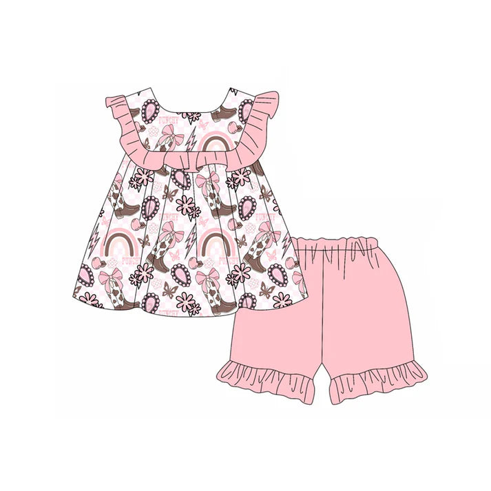 Preorder moq 5 Baby Girls Sleeveless Boots Rainbows Tunic Pink Ruffle Short Set 4.18