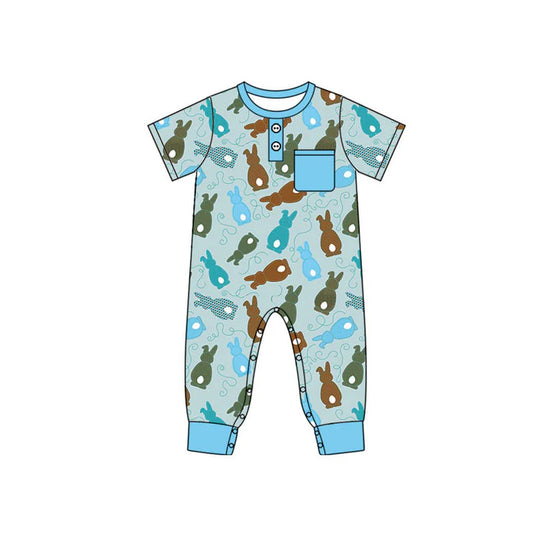 Preorder (moq 8)Baby Boys Pocket Button Colorful Rabbits Easter Footie Rompers 9.26