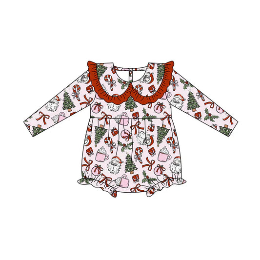 Preorder (moq 5)Baby Girls Long Sleeves Santa Bows Candy Cane Trees Plaid Ruffle Romper 7.3