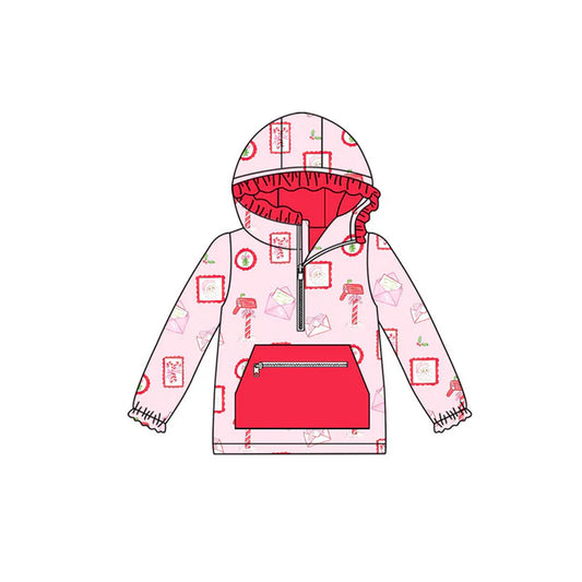 Preorder (moq 8)Baby Girls Santa Letters Pocket Zipper Christmas Ruffle Hoodies Top 9.11