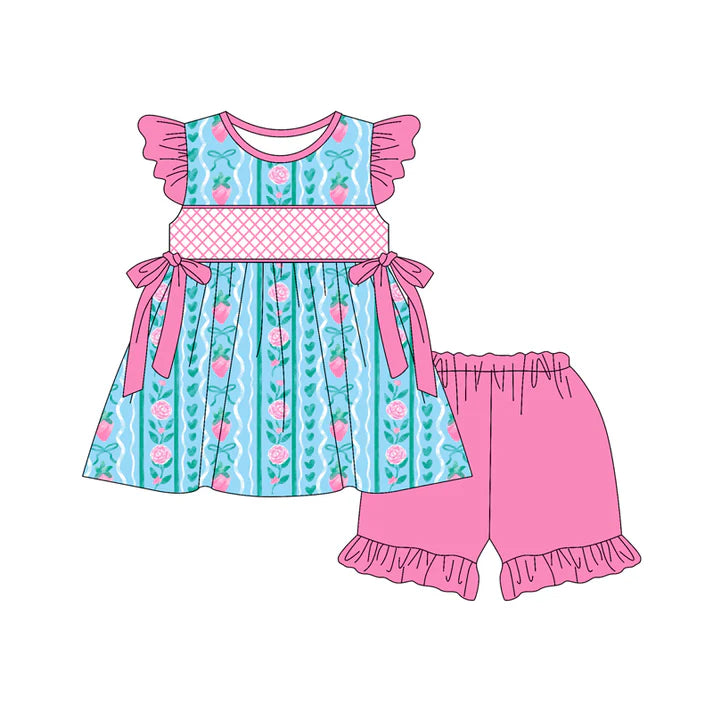 Preorder moq 5 Baby Girls Pink Flutter Sleeves Bows Flowers Stripe Tunic Ruffle Short Set 4.18