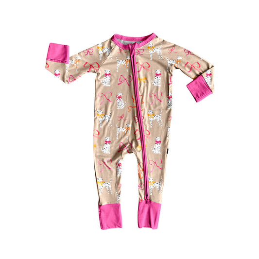 Preorder (moq 5)Baby Girls Long Sleeves Pink Bows Dogs Zipper Rompers 5.24