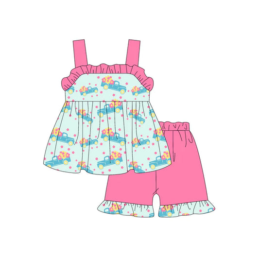 Preorder (moq 5)Baby Girls Pink Strap Flowers Trucks Tunic Ruffle Shorts Set 4.24