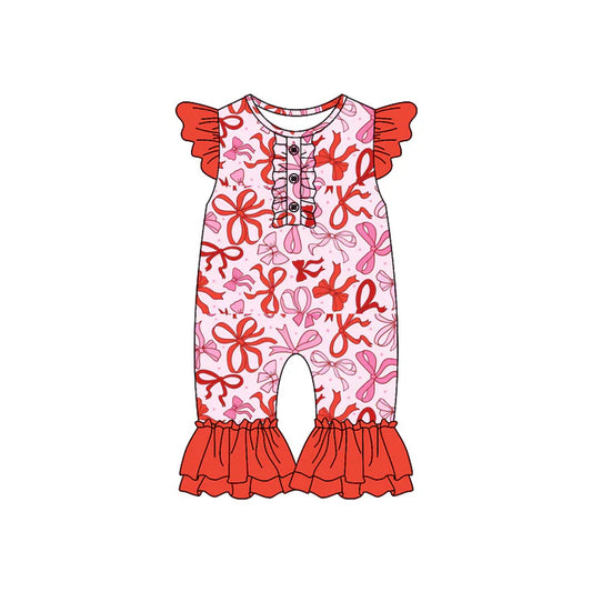 Preorder (moq 5)Baby Girls Red Bows Flutter Sleeve Rompers 6.9