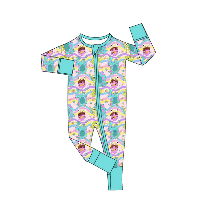 Preorder (moq 5)Baby Girls Cartoon Monsters Stripe Zipper Footie Rompers 10.29