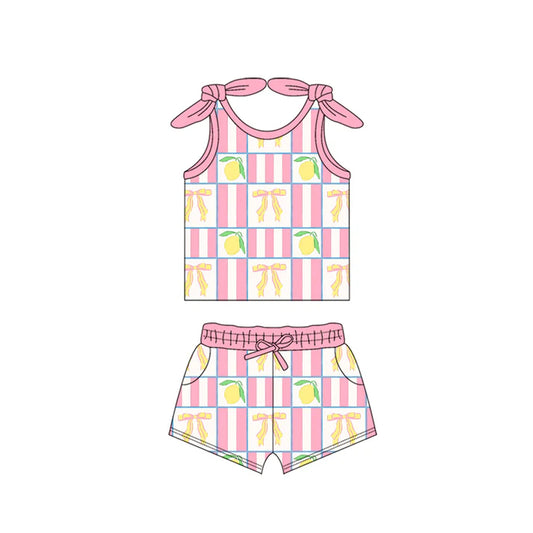Preorder moq 5 Baby Girls Bows Sleeveless Bows Lemons Top Pockets Short Set 4.15