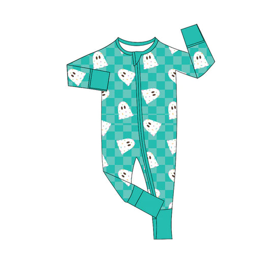 Preorder moq 5 Baby Infant Boys Long Sleeves Ghosts Green Plaid Zipper Romper 7.16