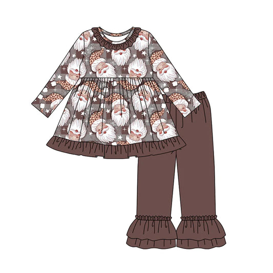 Preorder(moq 5) Baby Girls Brown Long Sleeves Santa Plaid Tunic Ruffle Pants Set 7.24