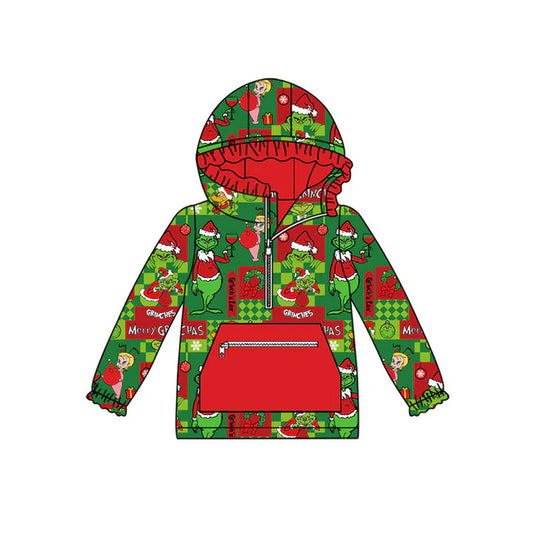 Preorder (moq 8)Baby Girls Green Faces Miss Zipper Pocket Christmas Ruffle Hoodies Top 9.23