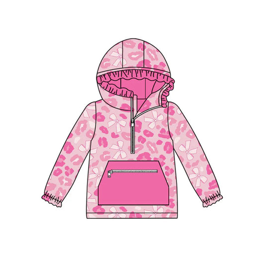 Preorder (moq 8)Baby Girls Pink Bows Leopard Pocket Zipper Ruffle Hoodies Top 9.18