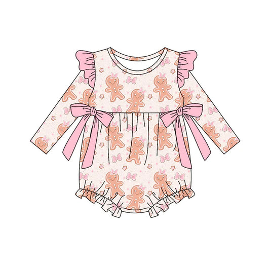Preorder (moq 5)Baby Girls Pink Gingerbread Bows Christmas Ruffle Rompers 9.4