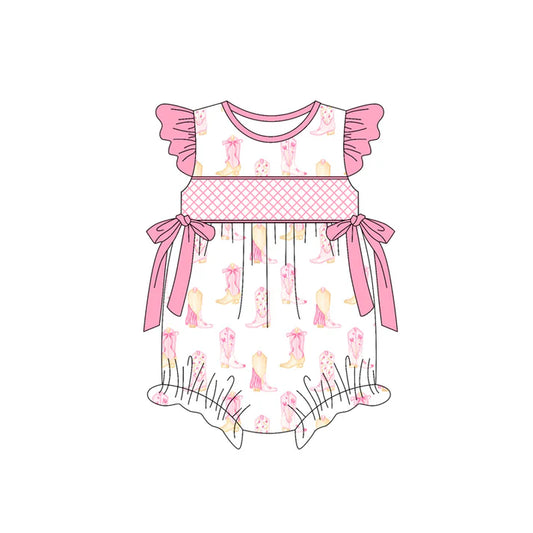 Preorder(moq 5)Baby Infant Girls Pink Flutter Sleeves Bows Boots Ruffle Rompers 5.15