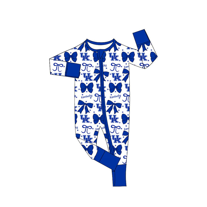 Preorder(moq 5)Baby Girls Blue Kentucky Bows Zipper Footie Rompers 8.29