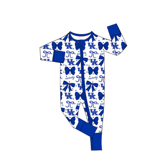 Preorder(moq 5)Baby Girls Blue Kentucky Bows Zipper Footie Rompers 8.29