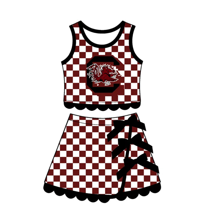 Preorder Baby Girls Maroon Checked Gamecocks Top Bows Skirt Short Scallop Clothes Set GSD4288