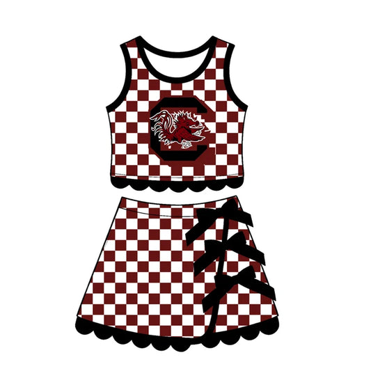 Preorder Baby Girls Maroon Checked Gamecocks Top Bows Skirt Short Scallop Clothes Set GSD4288