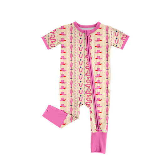 Preorder (moq 5)Baby Boys Pink Short Sleeves Boots Cactus Stripe Zipper Rompers 5.26
