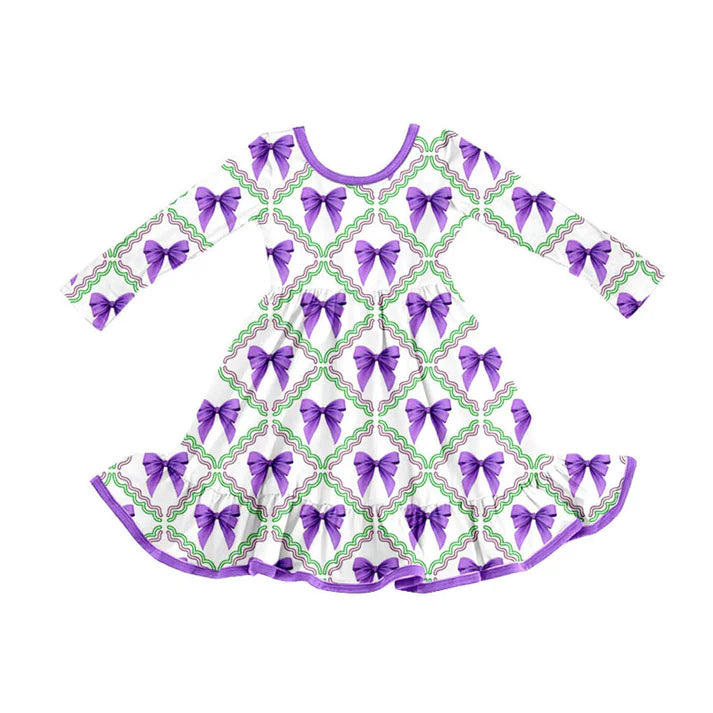 Preorder (moq 5)Baby Girls Mardi Gras Purple Bows Checked Ruffle Knee Length Dresses 9.3
