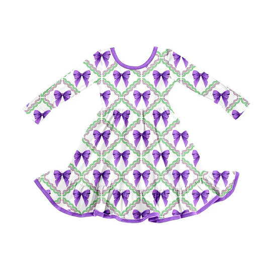 Preorder (moq 5)Baby Girls Mardi Gras Purple Bows Checked Ruffle Knee Length Dresses 9.3