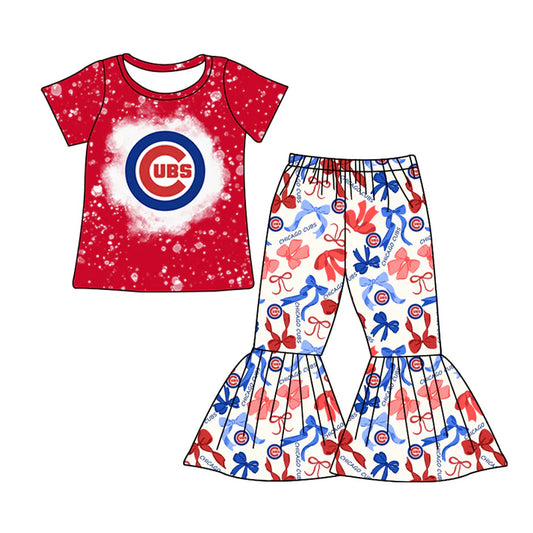 Preorder MOQ 5 bleached red C top bow pants girls team clothes 8.25