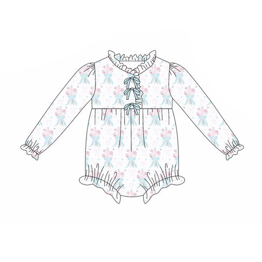 Preorder(moq 5)Baby Infant Girls Blue Bows Flowers Plaid Button Ruffle Rompers 7.29