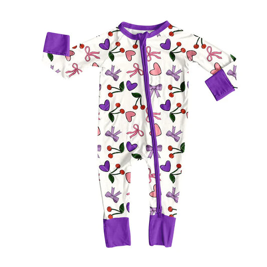 Preorder (moq 8)Baby Girls Pink Purple Bows Hearts Cherry Valentine Zipper Footie Rompers 9.13