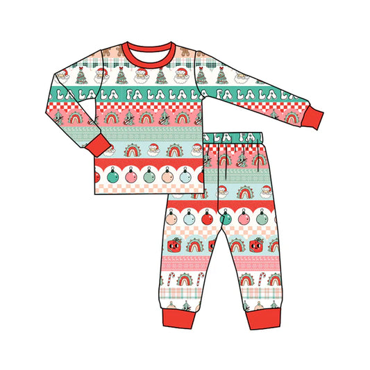Preorder (moq 5)Baby Boys Green Long Sleeves Santa Trees Stripe Top Pant Pajamas Set 6.2