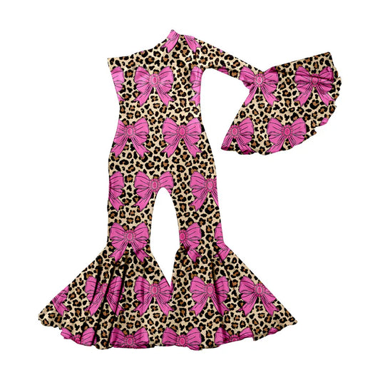 Preorder(moq 5) Baby Girls Pink Turquoises Bows Leopard Western Bell Bottom Jumpsuits 11.14