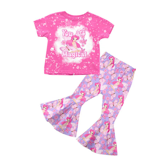 Preorder (moq 5)Baby Girls Pink Short Sleeves You Are Magical Butterfly Princess Top Lavender Bell Bottom Pant Set 5.13