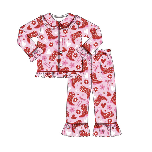 Preorder (moq 8)Baby Girls Hearts Flowers Boots Button Top Ruffle Pants Pajamas Sets 9.22