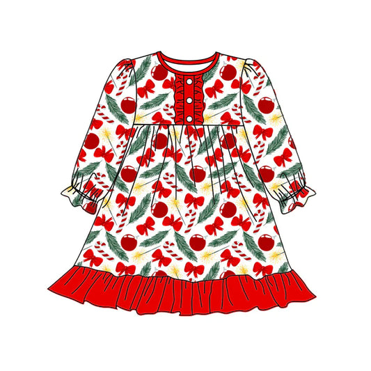 Preorder (moq 5)Baby Girls Long Ruffle Sleeves Red Bows Cherry Button Knee Length Dresses 5.20