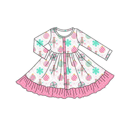 Preorder (moq 8)Baby Girls Pink Bows Soldiers Button Ruffle Christmas Knee Length Dresses 9.10