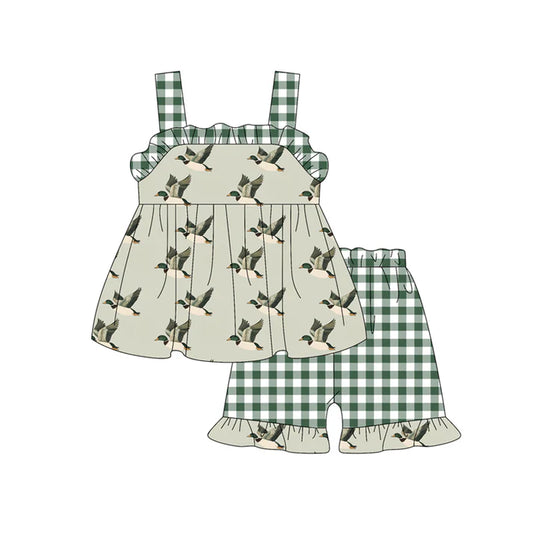 Preorder moq 5 Baby Girls Green Plaid Strap Ducks Tunic Ruffle Short Set 4.18