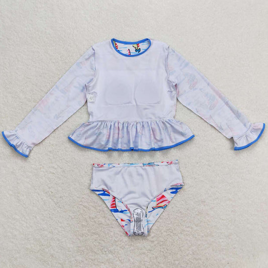 Baby Girls Swimsuits Blue Boats Long Sleeve Summer Bows Swimsuits S0276