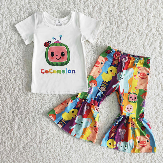 Baby Girls Clothes Short Sleeve Bell Bottom Outfits Cartoon Kids Clothes Girls Outfits B17-10