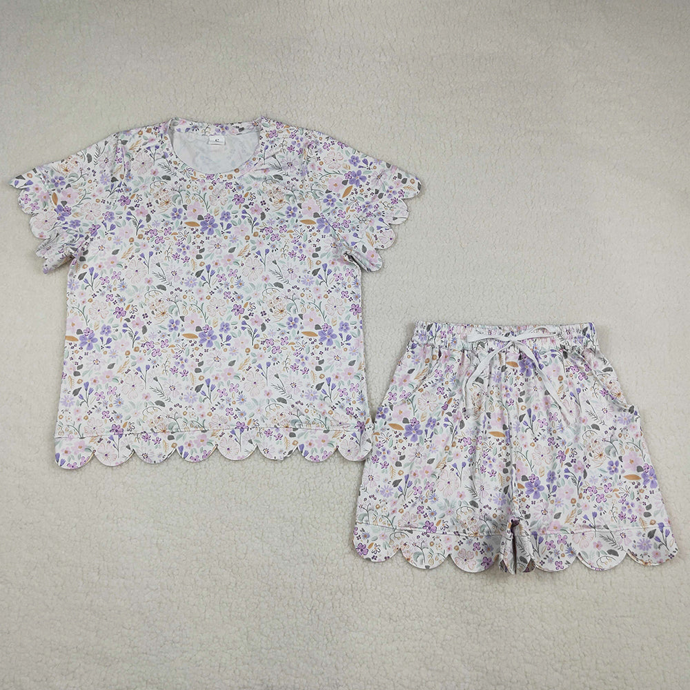 Adult Women Clothes Colorful Flowers Top Pockets Short Scallop Clothes Sets GSSO3420