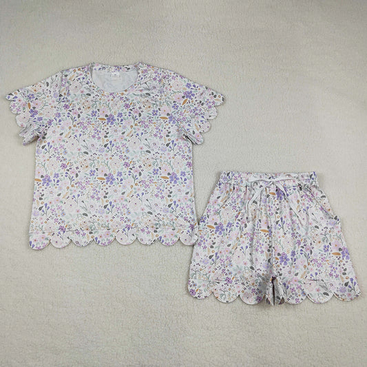 Adult Women Clothes Colorful Flowers Top Pockets Short Scallop Clothes Sets GSSO3420