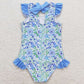 Baby Girls Swimsuits Summer Blue Flowers Ruffle One Piece Swimsuits S0278