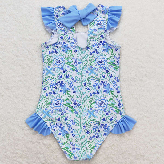 Baby Girls Swimsuits Summer Blue Flowers Ruffle One Piece Swimsuits S0278