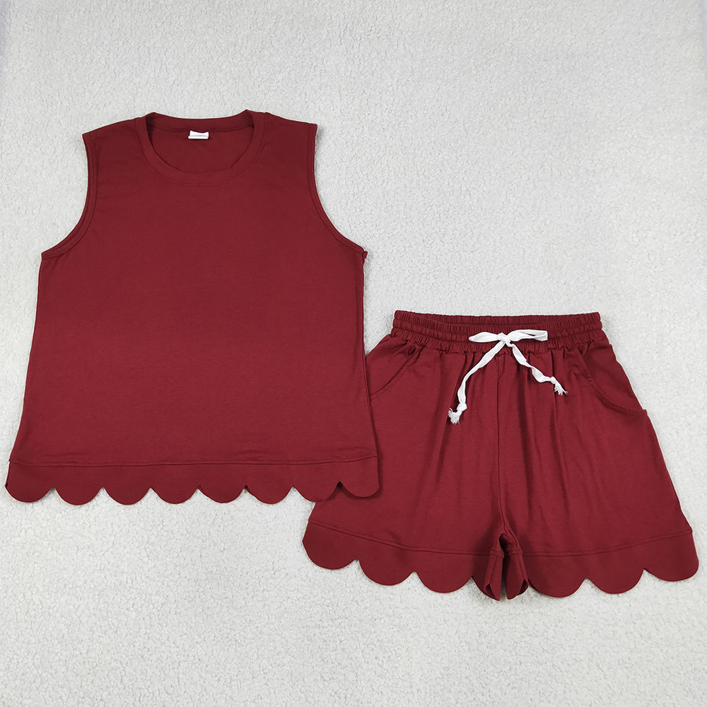 Adult Women Clothes Maroon Sleeveless Top Pockets Short Scallop Clothes Sets GSSO3735