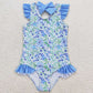 Baby Girls Swimsuits Summer Blue Flowers Ruffle One Piece Swimsuits S0278