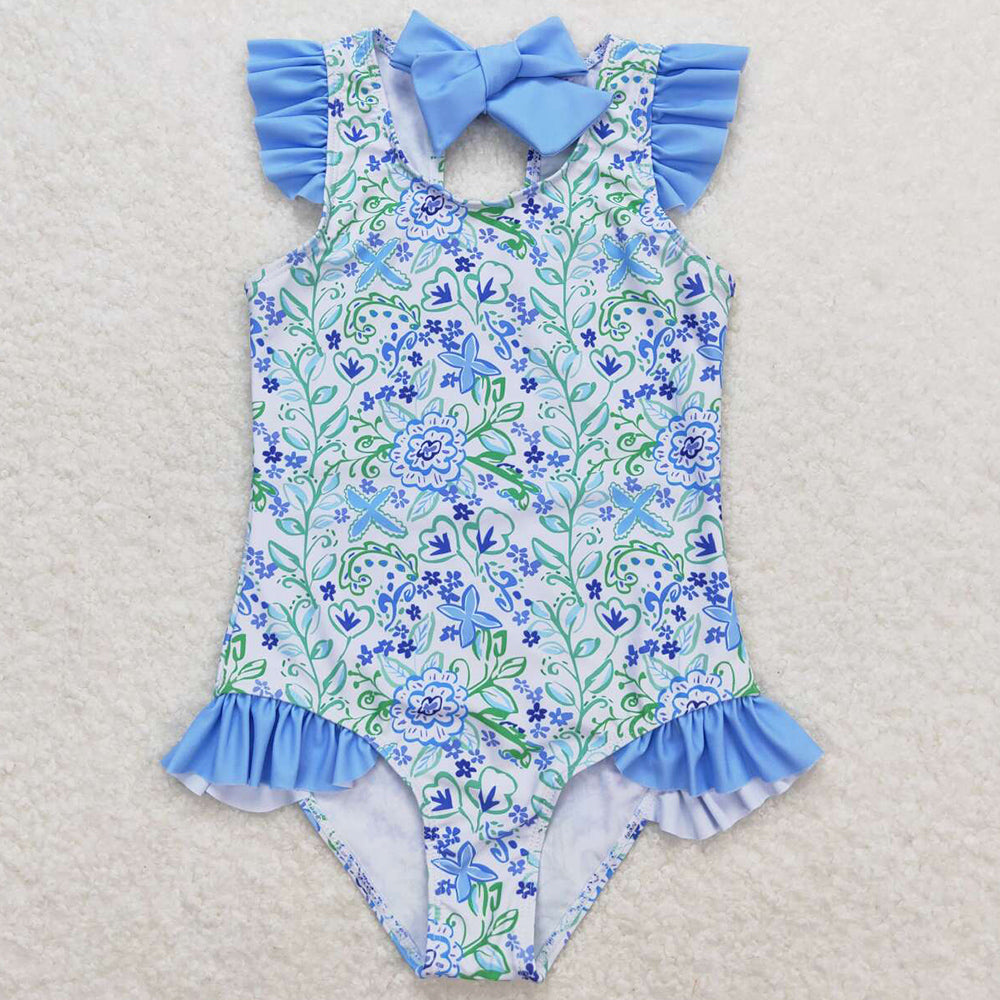 Baby Girls Swimsuits Summer Blue Flowers Ruffle One Piece Swimsuits S0278